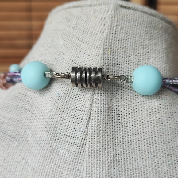 Mixed Media Vintage Three Strand Necklace Silver Tone Ribbed Barrel Clasp EUC - Picture 5 of 9